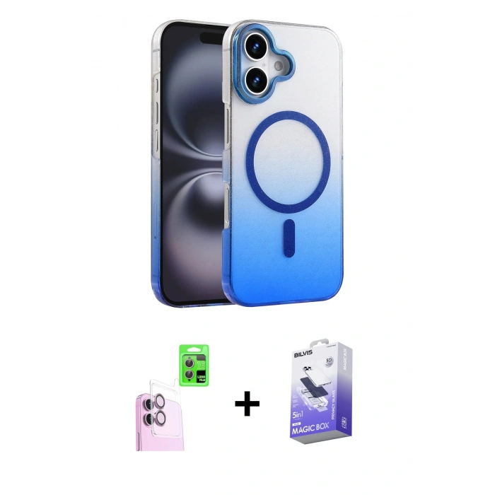 MARSİLYAN™- iPhone 16 Kılıf Ahenk Doku Özel Seri - Siyah Bilvis 5in1 5D Magic Hayalet Cam Ekran Koruyucu + Pembe Raze Metal Kamera Lens