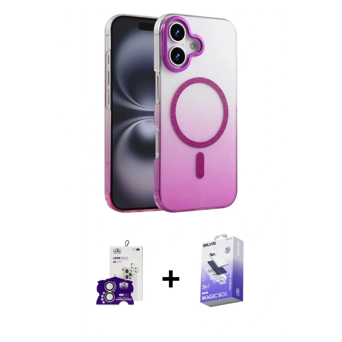 MARSİLYAN™- iPhone 16 Kılıf Ahenk Doku Özel Seri - Siyah Bilvis 5in1 5D Magic Hayalet Cam Ekran Koruyucu + Bilvis Titan Kamera Lens - GS