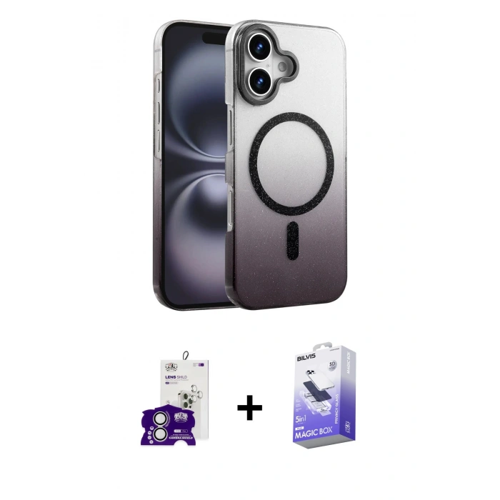 MARSİLYAN™- iPhone 16 Kılıf Ahenk Doku Özel Seri - Siyah Bilvis 5in1 5D Magic Hayalet Cam Ekran Koruyucu + Bilvis Titan Kamera Lens - GS