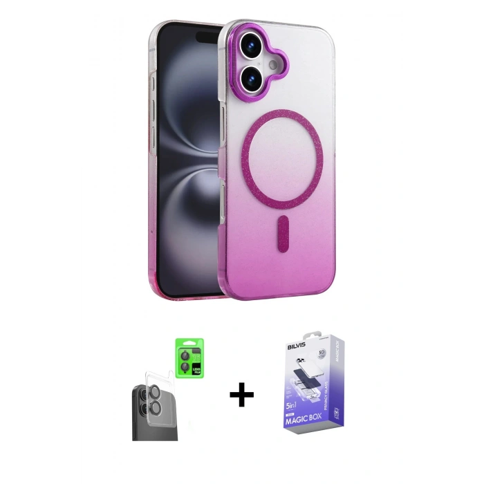 MARSİLYAN™- iPhone 16 Kılıf Ahenk Doku Özel Seri - Siyah Bilvis 5in1 5D Magic Hayalet Cam Ekran Koruyucu + Raze Metal Kamera Lens - SH