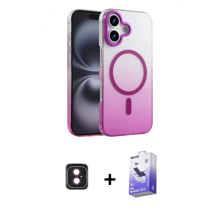 MARSİLYAN™- iPhone 16 Kılıf Ahenk Doku Özel Seri - Siyah Bilvis 5in1 5D Magic Hayalet Cam Ekran Koruyucu + PVD Metal Kamera Lens - PE