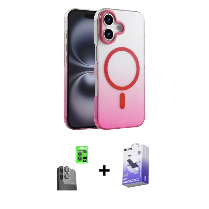 MARSİLYAN™- iPhone 16 Kılıf Ahenk Doku Özel Seri - Siyah Bilvis 5in1 5D Magic Hayalet Cam Ekran Koruyucu + Raze Metal Kamera Lens - SH