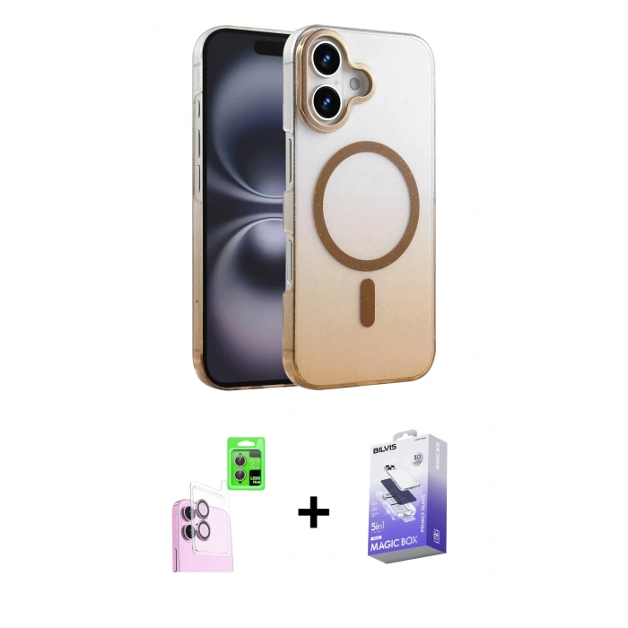 MARSİLYAN™- iPhone 16 Kılıf Ahenk Doku Özel Seri - Siyah Bilvis 5in1 5D Magic Hayalet Cam Ekran Koruyucu + Pembe Raze Metal Kamera Lens
