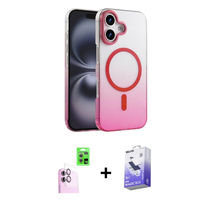 MARSİLYAN™- iPhone 16 Kılıf Ahenk Doku Özel Seri - Siyah Bilvis 5in1 5D Magic Hayalet Cam Ekran Koruyucu + Pembe Raze Metal Kamera Lens