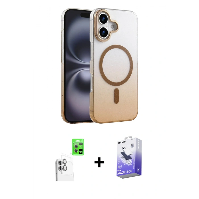 MARSİLYAN™- iPhone 16 Kılıf Ahenk Doku Özel Seri - Siyah Bilvis 5in1 5D Magic Hayalet Cam Ekran Koruyucu + Raze Metal Kamera Lens - BZ