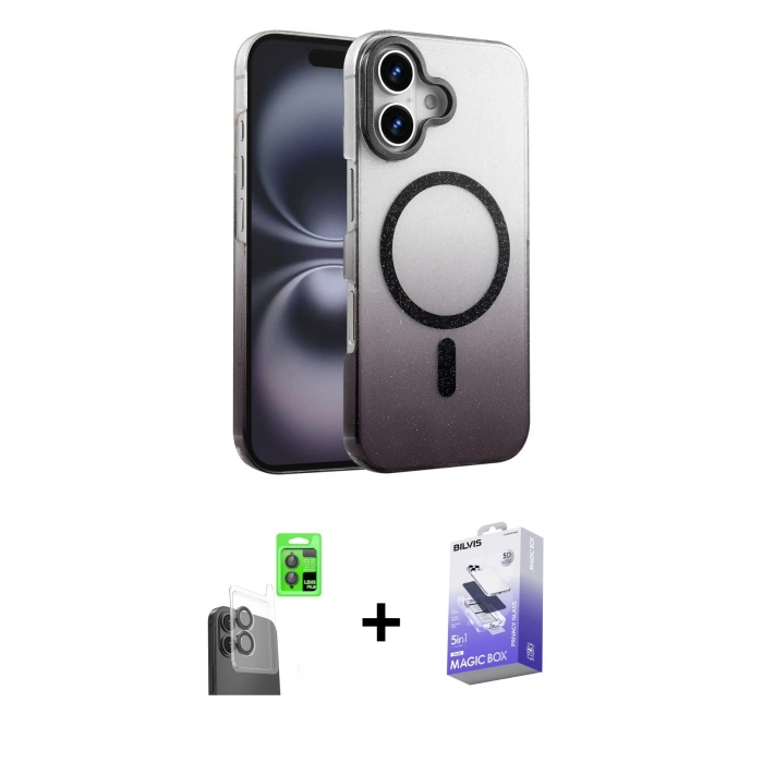 MARSİLYAN™- iPhone 16 Kılıf Ahenk Doku Özel Seri - Siyah Bilvis 5in1 5D Magic Hayalet Cam Ekran Koruyucu + Raze Metal Kamera Lens - SH