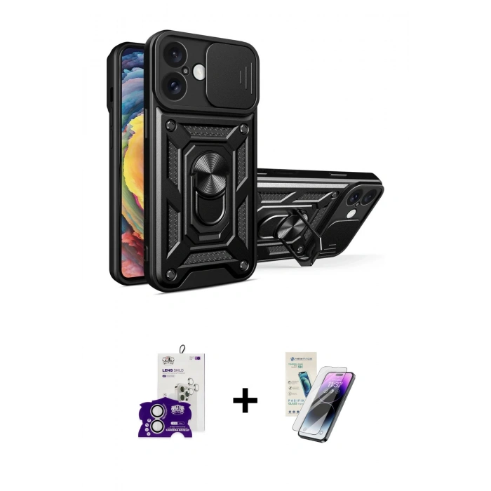 MARSİLYAN™- iPhone 16 Kılıf Ahenk Klasik - Şeffaf Pasifik Cam Ekran Koruyucu + Bilvis Titan Kamera Lens - GS