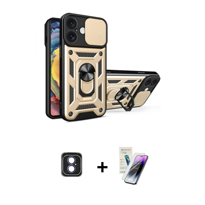 MARSİLYAN™- iPhone 16 Kılıf Ahenk Klasik - Şeffaf Pasifik Cam Ekran Koruyucu + PVD Metal Kamera Lens - MI