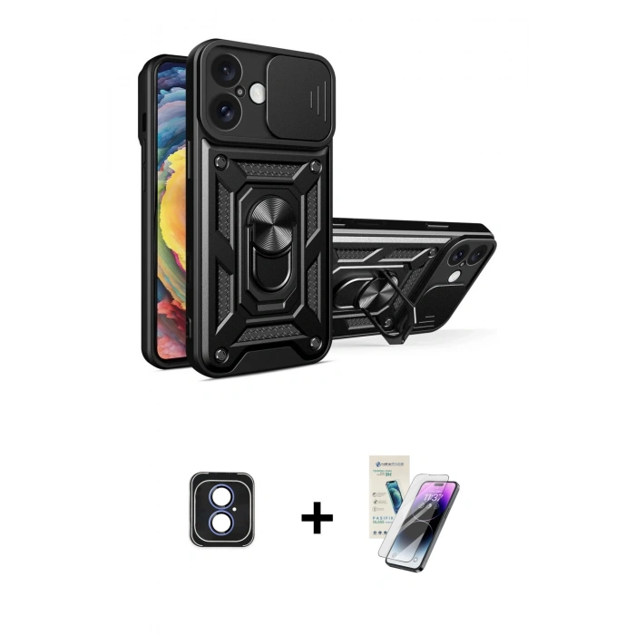 MARSİLYAN™- iPhone 16 Kılıf Ahenk Klasik - Şeffaf Pasifik Cam Ekran Koruyucu + PVD Metal Kamera Lens - MI