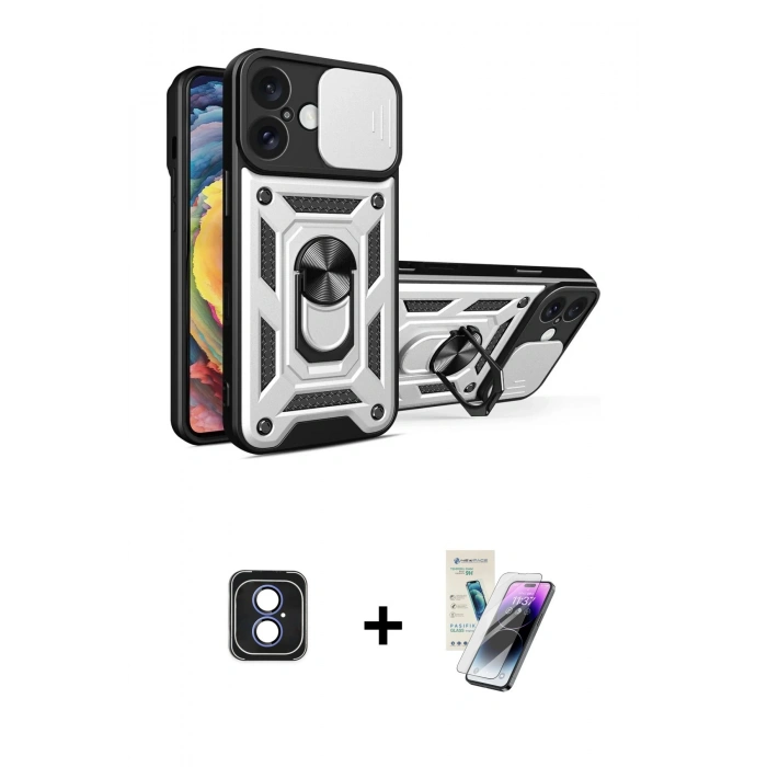 MARSİLYAN™- iPhone 16 Kılıf Ahenk Klasik - Şeffaf Pasifik Cam Ekran Koruyucu + PVD Metal Kamera Lens - MI