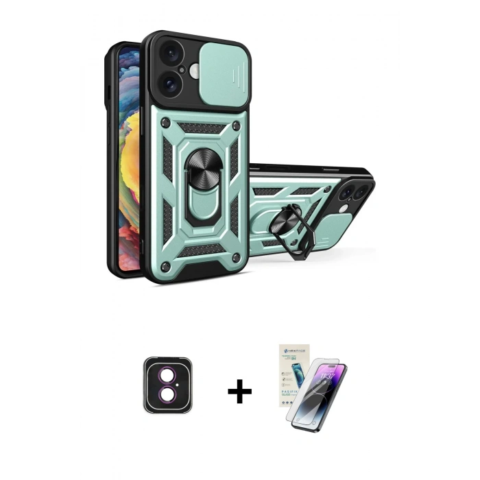 MARSİLYAN™- iPhone 16 Kılıf Ahenk Klasik - Şeffaf Pasifik Cam Ekran Koruyucu + PVD Metal Kamera Lens - PE