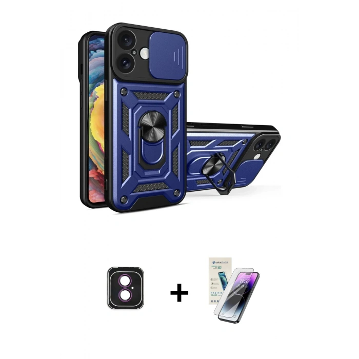 MARSİLYAN™- iPhone 16 Kılıf Ahenk Klasik - Şeffaf Pasifik Cam Ekran Koruyucu + PVD Metal Kamera Lens - PE