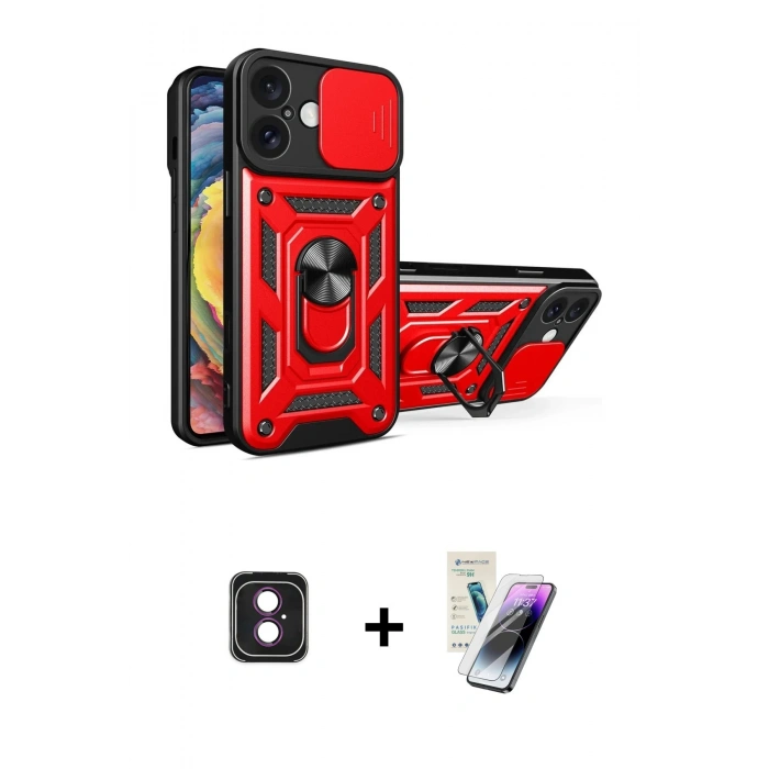 MARSİLYAN™- iPhone 16 Kılıf Ahenk Klasik - Şeffaf Pasifik Cam Ekran Koruyucu + PVD Metal Kamera Lens - PE