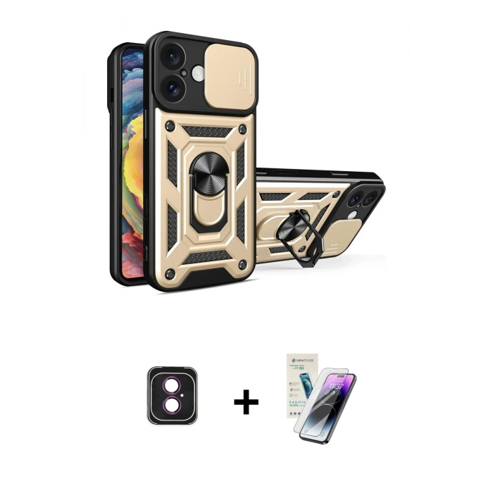 MARSİLYAN™- iPhone 16 Kılıf Ahenk Klasik - Şeffaf Pasifik Cam Ekran Koruyucu + PVD Metal Kamera Lens - PE