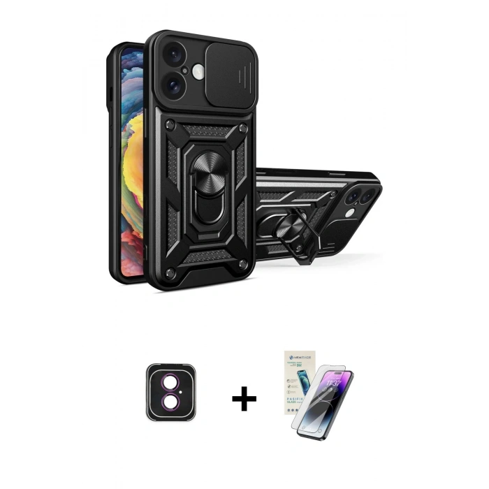 MARSİLYAN™- iPhone 16 Kılıf Ahenk Klasik - Şeffaf Pasifik Cam Ekran Koruyucu + PVD Metal Kamera Lens - PE