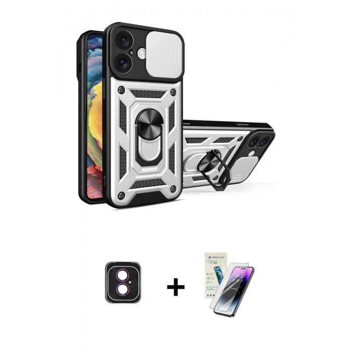 MARSİLYAN™- iPhone 16 Kılıf Ahenk Klasik - Şeffaf Pasifik Cam Ekran Koruyucu + PVD Metal Kamera Lens - PE