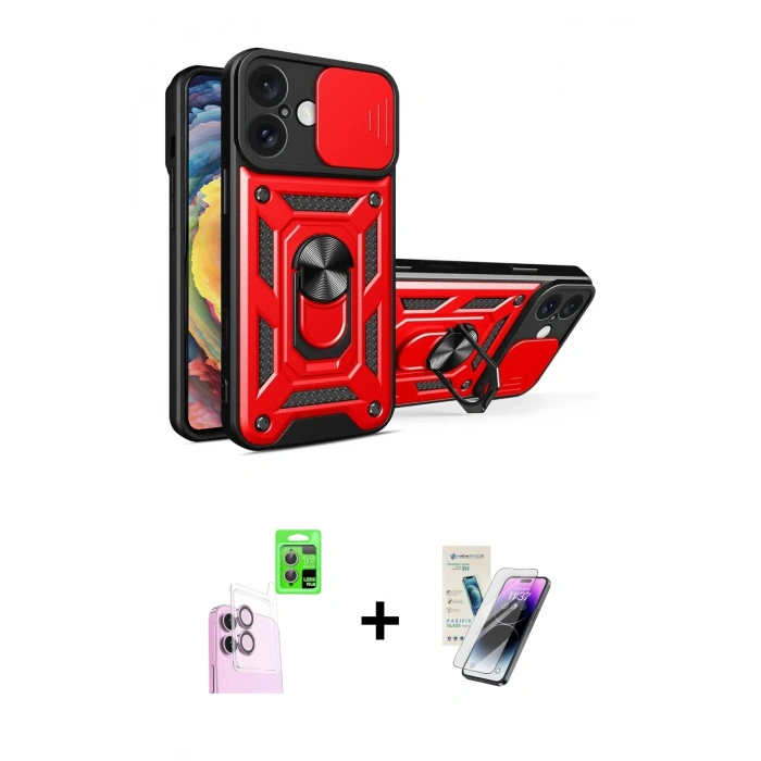 MARSİLYAN™- iPhone 16 Kılıf Ahenk Klasik - Şeffaf Pasifik Cam Ekran Koruyucu + Raze Metal Kamera Lens - PE