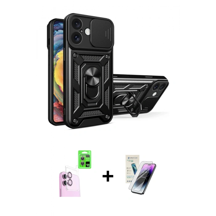 MARSİLYAN™- iPhone 16 Kılıf Ahenk Klasik - Şeffaf Pasifik Cam Ekran Koruyucu + Raze Metal Kamera Lens - PE