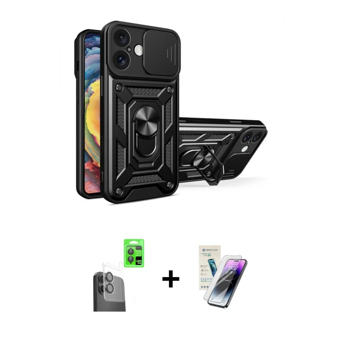 MARSİLYAN™- iPhone 16 Kılıf Ahenk Klasik - Şeffaf Pasifik Cam Ekran Koruyucu + Raze Metal Kamera Lens - SH