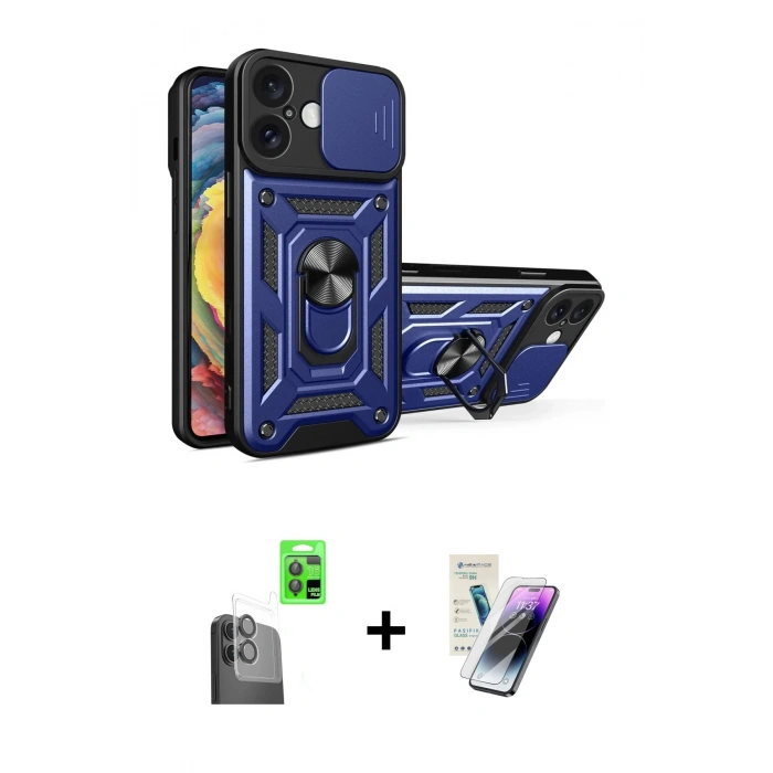 MARSİLYAN™- iPhone 16 Kılıf Ahenk Klasik - Şeffaf Pasifik Cam Ekran Koruyucu + Raze Metal Kamera Lens - SH