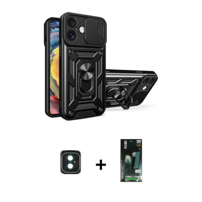 MARSİLYAN™- iPhone 16 Kılıf Ahenk Klasik - Siyah 360 Mat Full Body Arka Koruyucu + PVD Metal Kamera Lens - YL