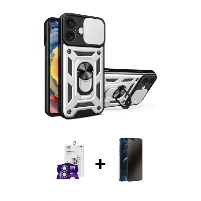 MARSİLYAN™- iPhone 16 Kılıf Ahenk Klasik - Siyah 3D Antistatik Hayalet Cam Ekran Koruyucu + Bilvis Titan Kamera Lens - GS
