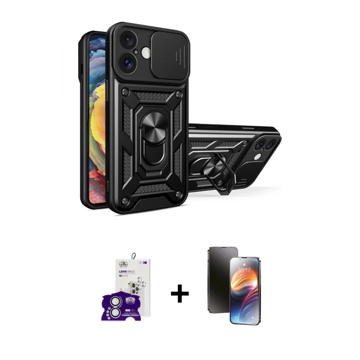 MARSİLYAN™- iPhone 16 Kılıf Ahenk Klasik - Siyah 3D Antistatik Mat Seramik Nano Ekran Koruyucu + Bilvis Titan Kamera Lens - GS