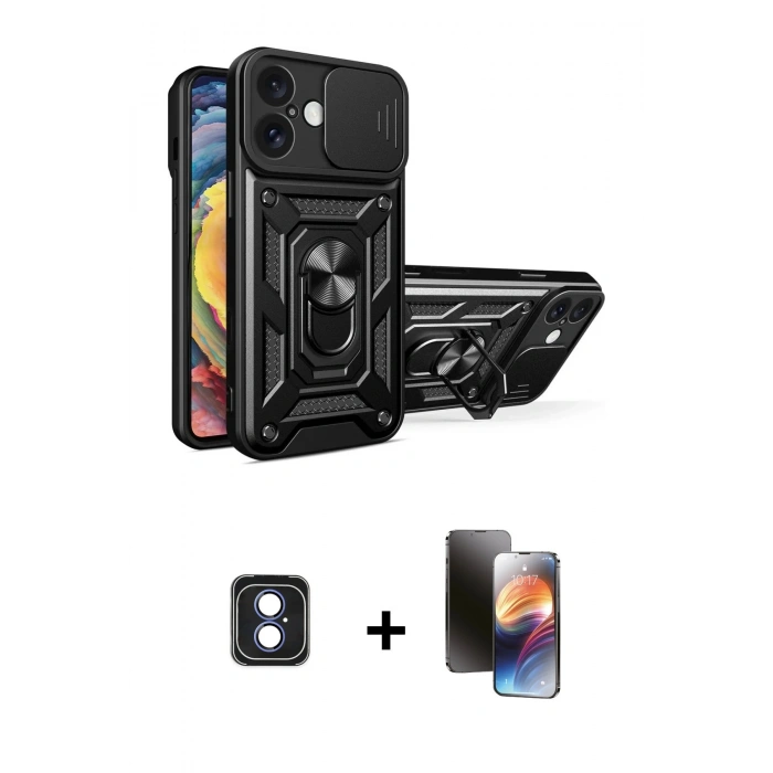 MARSİLYAN™- iPhone 16 Kılıf Ahenk Klasik - Siyah 3D Antistatik Mat Seramik Nano Ekran Koruyucu + PVD Metal Kamera Lens - MI