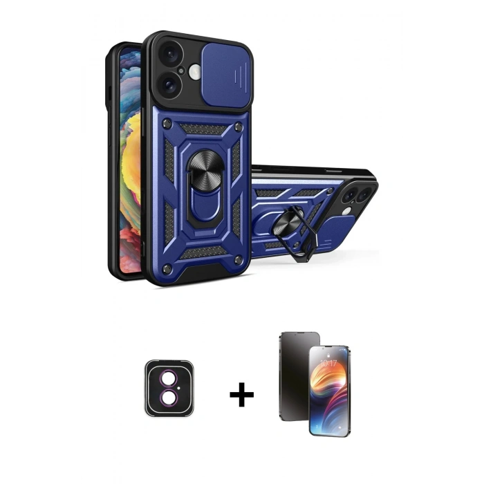 MARSİLYAN™- iPhone 16 Kılıf Ahenk Klasik - Siyah 3D Antistatik Mat Seramik Nano Ekran Koruyucu + PVD Metal Kamera Lens - PE