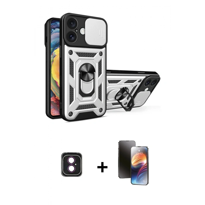 MARSİLYAN™- iPhone 16 Kılıf Ahenk Klasik - Siyah 3D Antistatik Mat Seramik Nano Ekran Koruyucu + PVD Metal Kamera Lens - PE