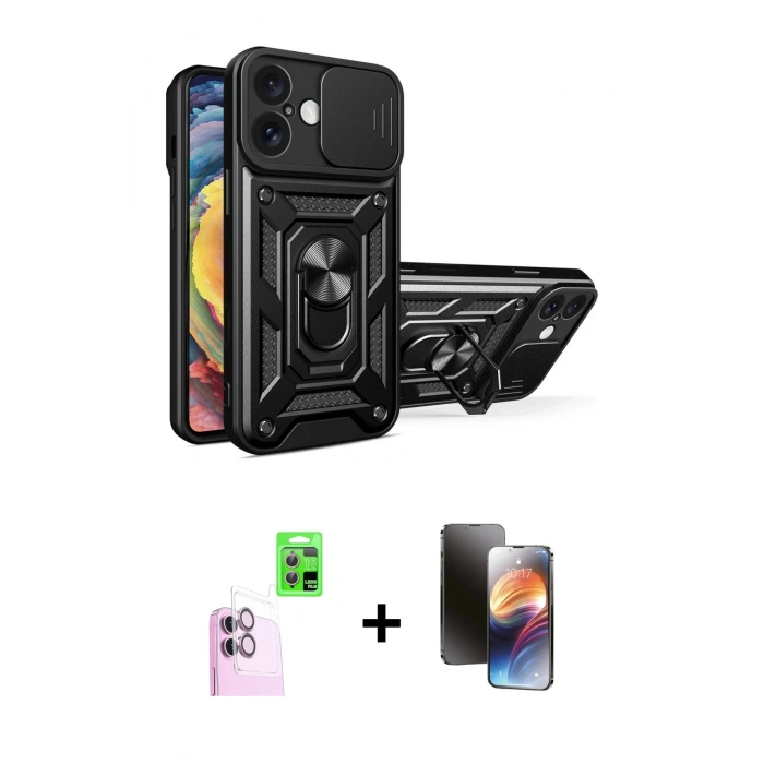 MARSİLYAN™- iPhone 16 Kılıf Ahenk Klasik - Siyah 3D Antistatik Mat Seramik Nano Ekran Koruyucu + Pembe Raze Metal Kamera Lens