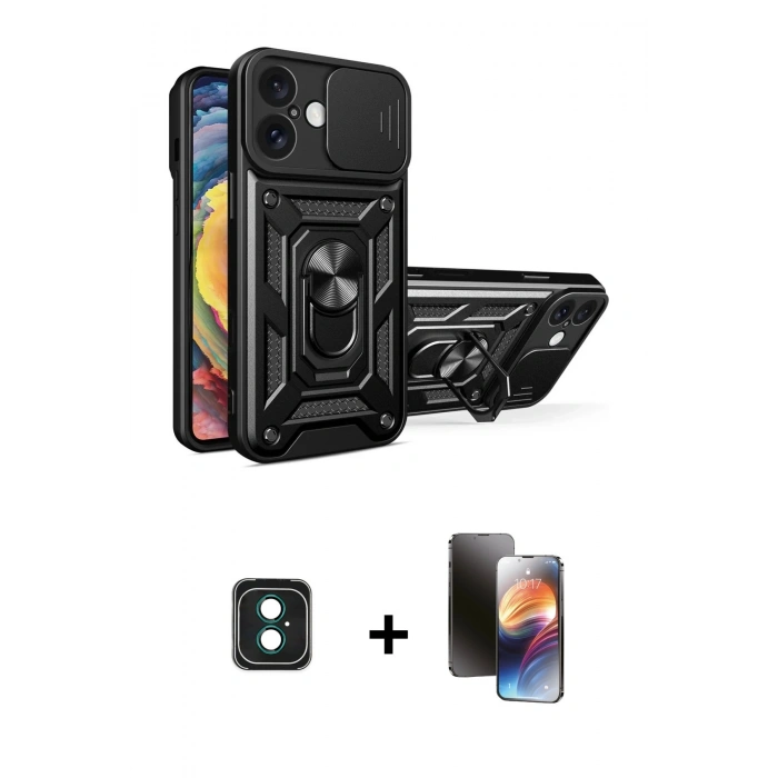 MARSİLYAN™- iPhone 16 Kılıf Ahenk Klasik - Siyah 3D Antistatik Mat Seramik Nano Ekran Koruyucu + PVD Metal Kamera Lens - YL