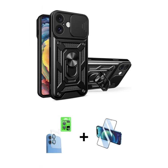 MARSİLYAN™- iPhone 16 Kılıf Ahenk Klasik - Siyah 3D Antistatik Seramik Nano Ekran Koruyucu + Raze Metal Kamera Lens - LT