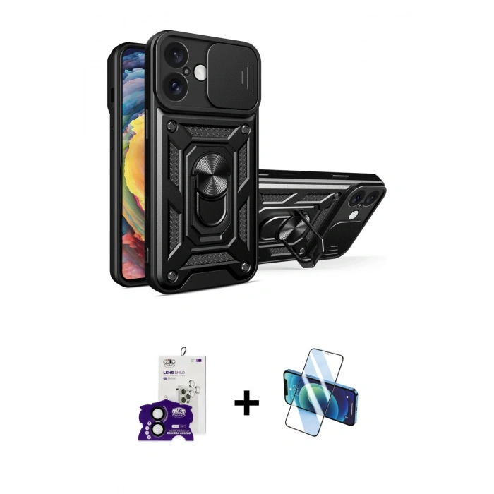 MARSİLYAN™- iPhone 16 Kılıf Ahenk Klasik - Siyah 3D Antistatik Seramik Nano Ekran Koruyucu + Bilvis Titan Kamera Lens - SH
