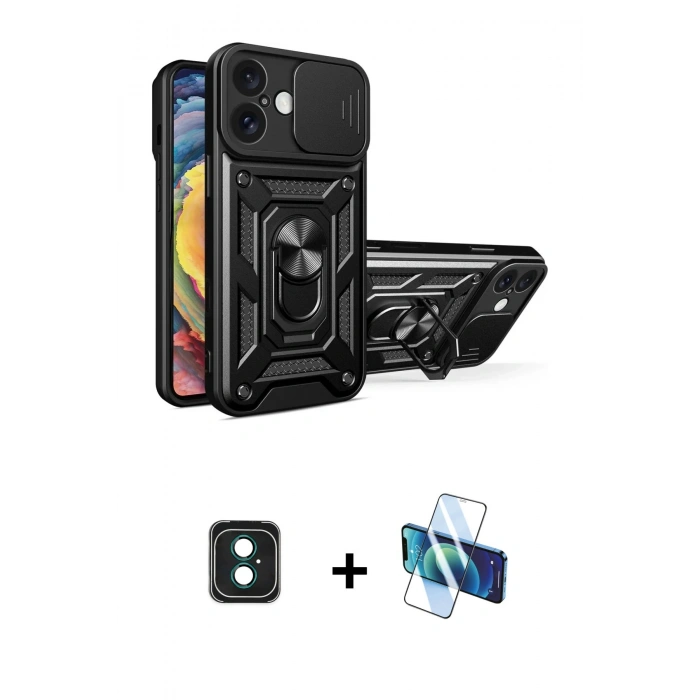 MARSİLYAN™- iPhone 16 Kılıf Ahenk Klasik - Siyah 3D Antistatik Seramik Nano Ekran Koruyucu + PVD Metal Kamera Lens - YL