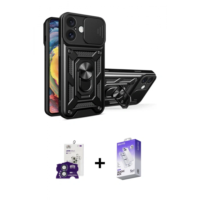 MARSİLYAN™- iPhone 16 Kılıf Ahenk Klasik - Siyah Bilvis 5in1 3D Magic Cam Ekran Koruyucu + Bilvis Titan Kamera Lens - YL