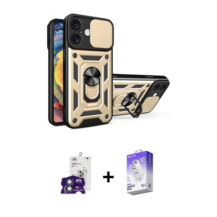 MARSİLYAN™- iPhone 16 Kılıf Ahenk Klasik - Siyah Bilvis 5in1 3D Magic Cam Ekran Koruyucu + Bilvis Titan Kamera Lens - YL
