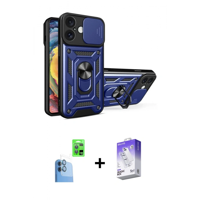 MARSİLYAN™- iPhone 16 Kılıf Ahenk Klasik - Siyah Bilvis 5in1 3D Magic Cam Ekran Koruyucu + Raze Metal Kamera Lens - LT