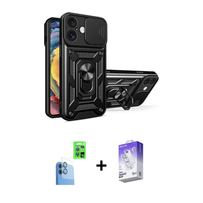 MARSİLYAN™- iPhone 16 Kılıf Ahenk Klasik - Siyah Bilvis 5in1 3D Magic Cam Ekran Koruyucu + Raze Metal Kamera Lens - LT