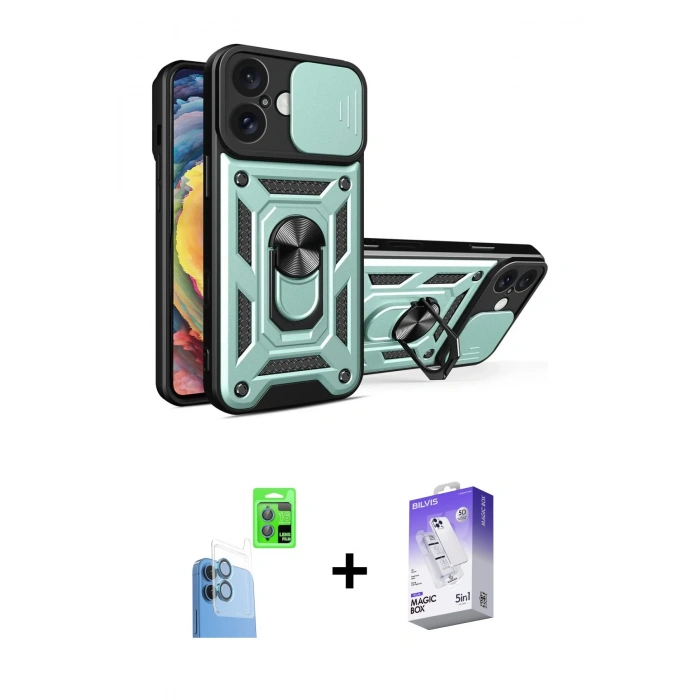 MARSİLYAN™- iPhone 16 Kılıf Ahenk Klasik - Siyah Bilvis 5in1 3D Magic Cam Ekran Koruyucu + Raze Metal Kamera Lens - LT