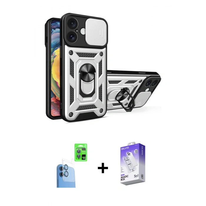 MARSİLYAN™- iPhone 16 Kılıf Ahenk Klasik - Siyah Bilvis 5in1 3D Magic Cam Ekran Koruyucu + Raze Metal Kamera Lens - LT