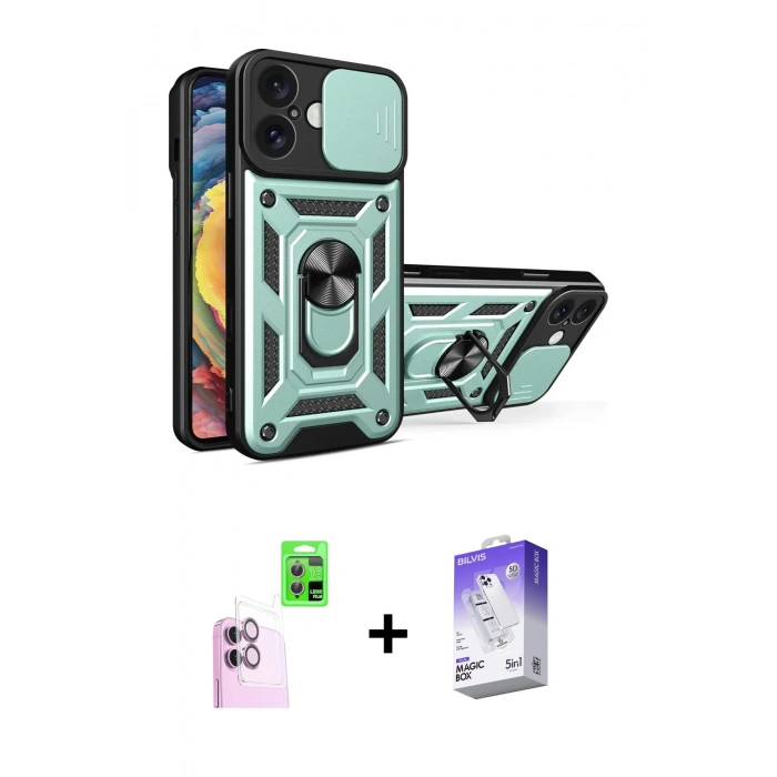 MARSİLYAN™- iPhone 16 Kılıf Ahenk Klasik - Siyah Bilvis 5in1 3D Magic Cam Ekran Koruyucu + Raze Metal Kamera Lens - PE
