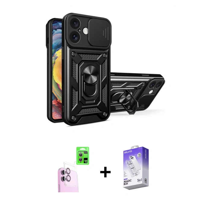 MARSİLYAN™- iPhone 16 Kılıf Ahenk Klasik - Siyah Bilvis 5in1 3D Magic Cam Ekran Koruyucu + Raze Metal Kamera Lens - PE