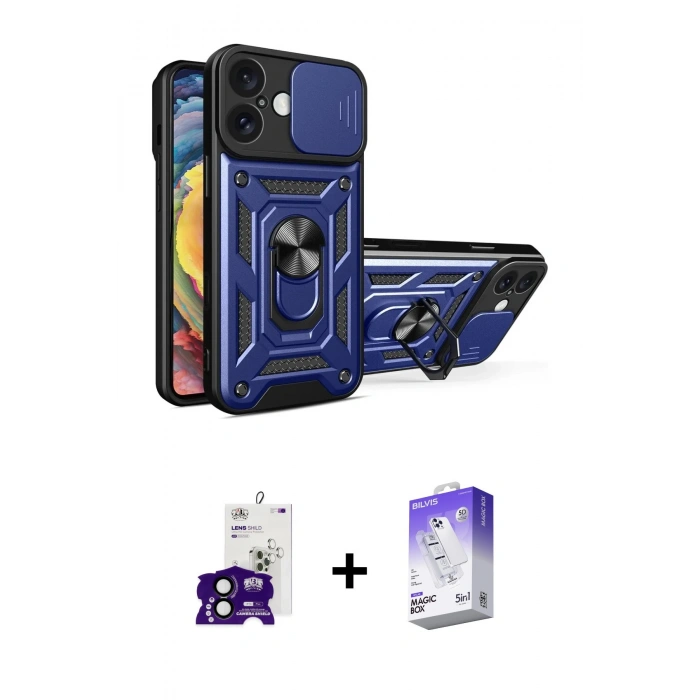 MARSİLYAN™- iPhone 16 Kılıf Ahenk Klasik - Siyah Bilvis 5in1 3D Magic Cam Ekran Koruyucu + Siyah Bilvis Titan Kamera Lens