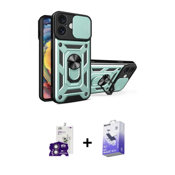 MARSİLYAN™- iPhone 16 Kılıf Ahenk Klasik - Siyah Bilvis 5in1 5D Magic Hayalet Cam Ekran Koruyucu + Bilvis Titan Kamera Lens - PE