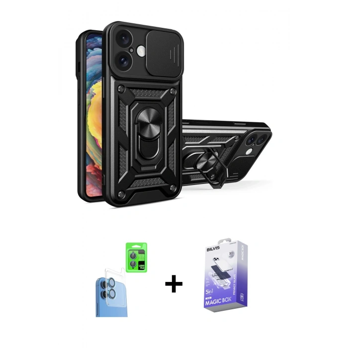 MARSİLYAN™- iPhone 16 Kılıf Ahenk Klasik - Siyah Bilvis 5in1 5D Magic Hayalet Cam Ekran Koruyucu + Raze Metal Kamera Lens - LT