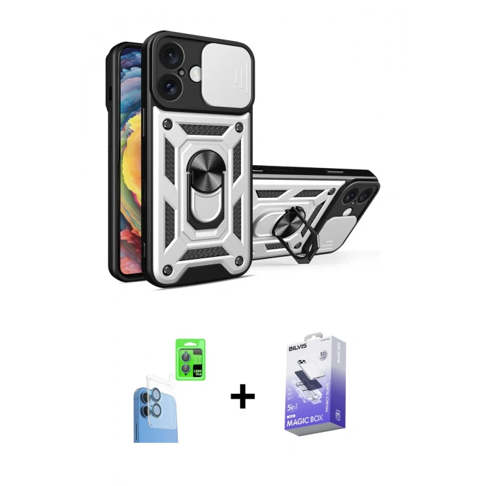 MARSİLYAN™- iPhone 16 Kılıf Ahenk Klasik - Siyah Bilvis 5in1 5D Magic Hayalet Cam Ekran Koruyucu + Raze Metal Kamera Lens - LT