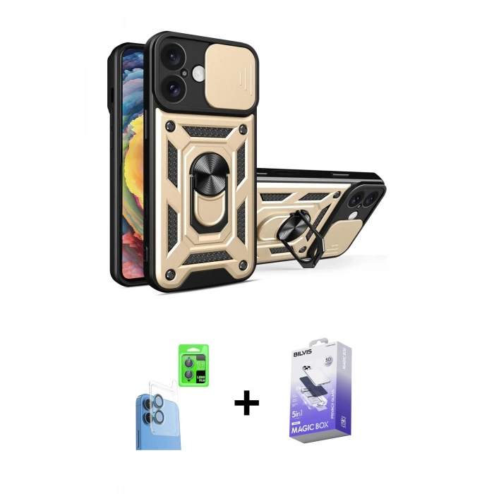 MARSİLYAN™- iPhone 16 Kılıf Ahenk Klasik - Siyah Bilvis 5in1 5D Magic Hayalet Cam Ekran Koruyucu + Raze Metal Kamera Lens - LT