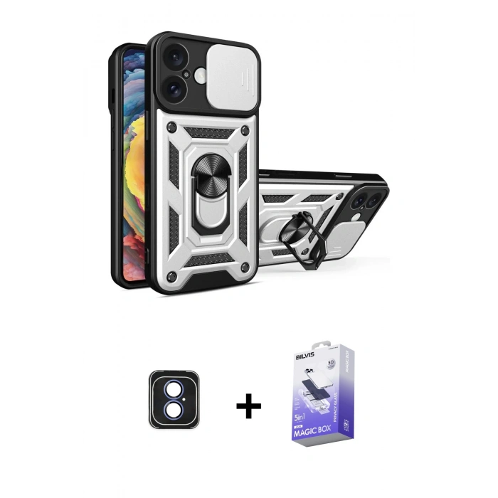 MARSİLYAN™- iPhone 16 Kılıf Ahenk Klasik - Siyah Bilvis 5in1 5D Magic Hayalet Cam Ekran Koruyucu + PVD Metal Kamera Lens - MI