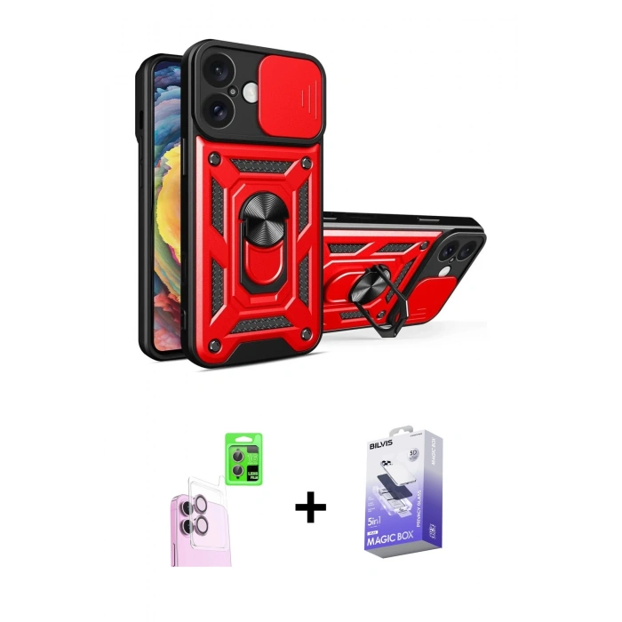 MARSİLYAN™- iPhone 16 Kılıf Ahenk Klasik - Siyah Bilvis 5in1 5D Magic Hayalet Cam Ekran Koruyucu + Raze Metal Kamera Lens - PE